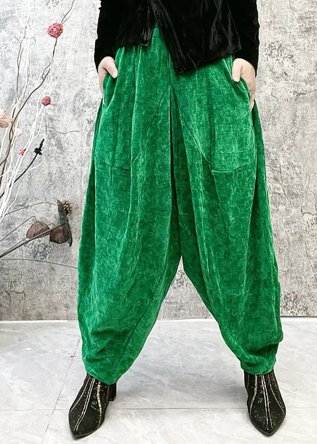 Green Plaid Elastic Waist Velour Lantern Pants Spring