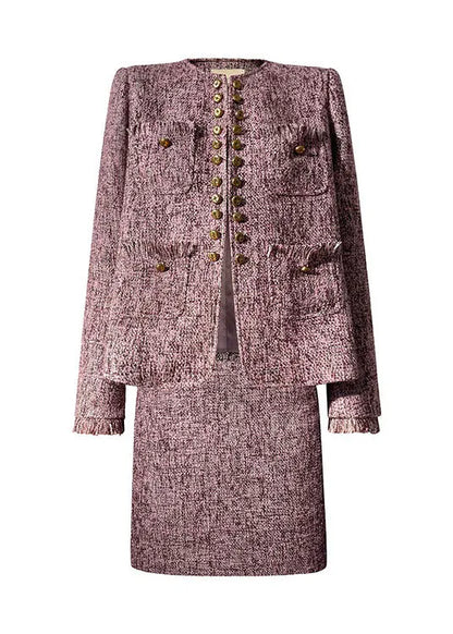 Boutique Light Purple O-neck Tassel Button Cotton Coats and Skirts Two-piece Set Fall