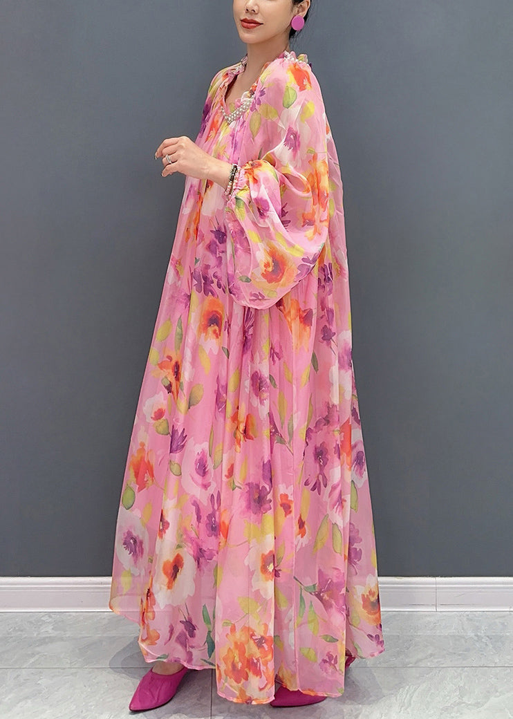 Pink Ruffled Nail Bead Print Chiffon Dresses Long Sleeve