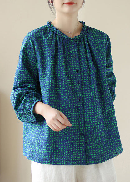 New Blue Ruffled Print Cotton Shirt Tops Spring