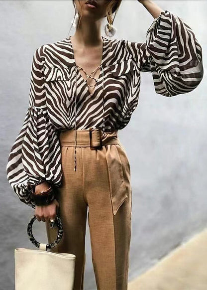European and American Striped Printed Long Sleeved Lace Up Shirt