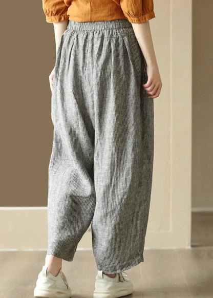 Black Striped Pockets Elastic Waist Linen Harem Pants Summer