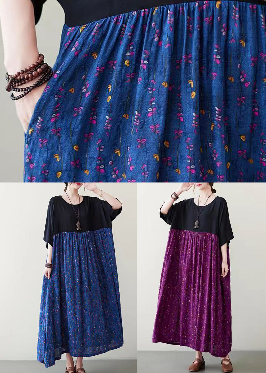 Loose Blue O-neck Print Long Dress Short Sleeve