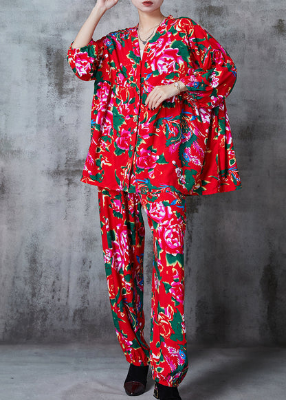 Red Oversized Print Cotton Two Piece Suit Set Summer