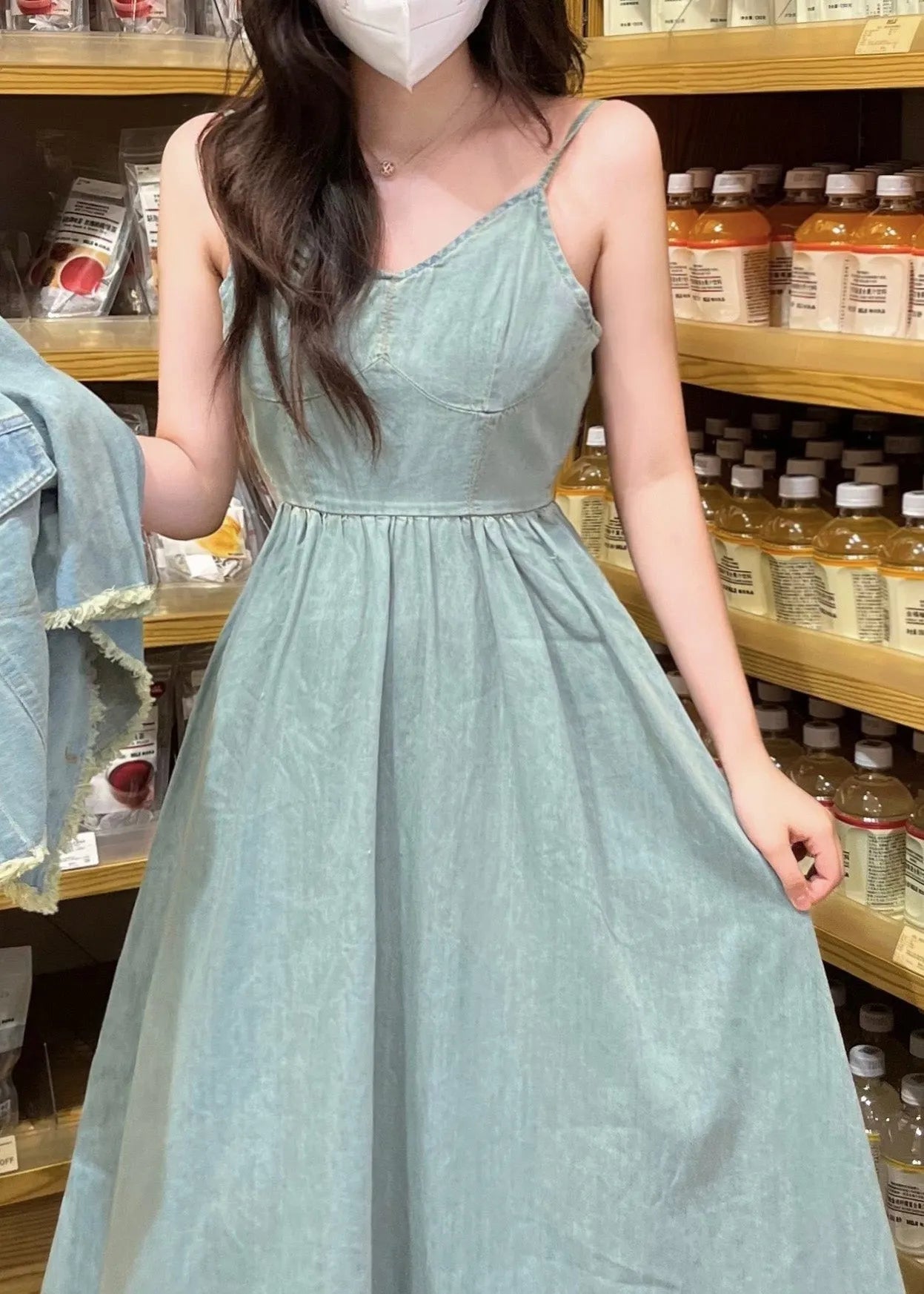 Denim Blue O-neck Patchwork Coats and Long Dress Two Piece Set Short Sleeve