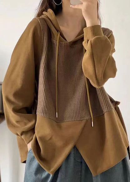 Yellow Asymmetrical Patchwork Cotton Hooded Top Fall