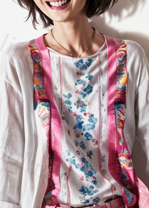 New White O Neck Print Patchwork Cotton Tops Long Sleeve