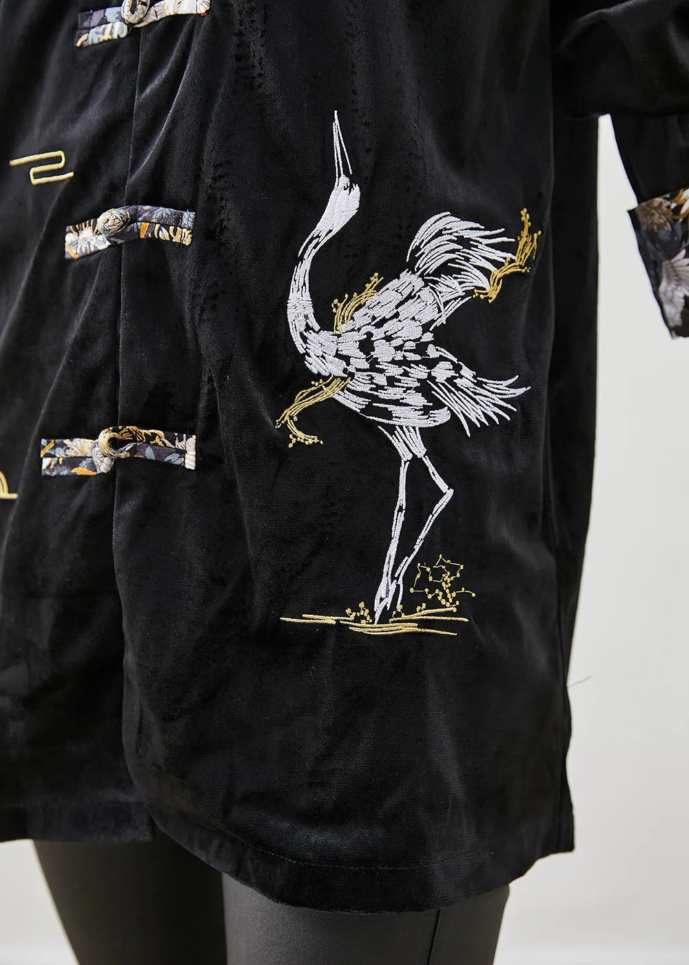 Black Embroideried Chinese Button Silk Velour Jackets Fall