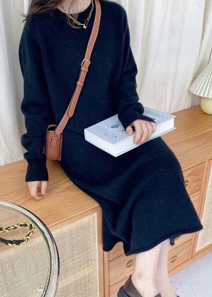 Black O-neck Maxi Cashmere Knit Dress Long Sleeve