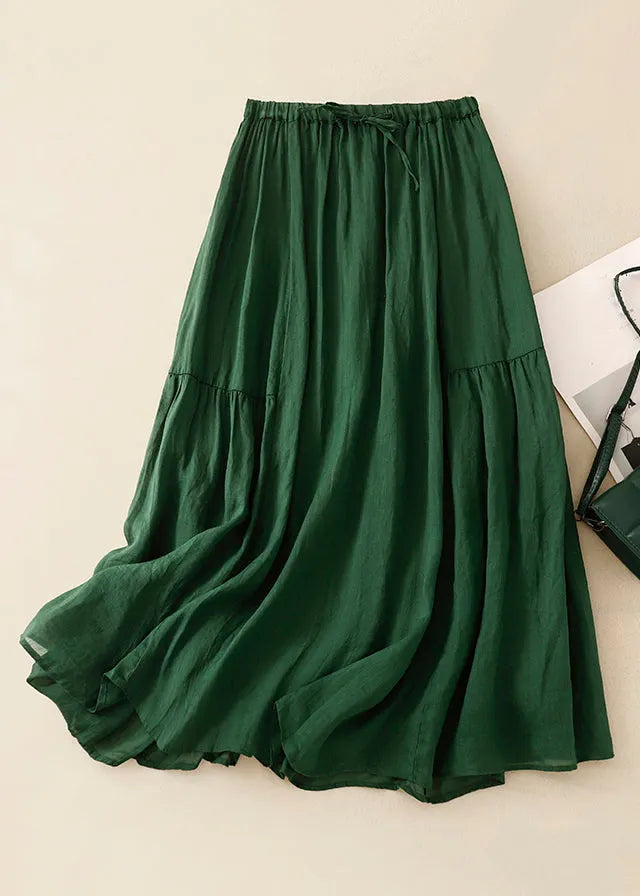 Loose Green Wrinkled Elastic Waist Linen Skirts Summer