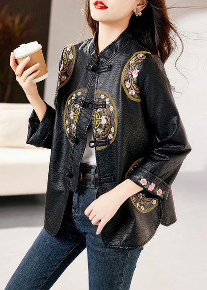Black Stand Collar Embroideried Button Faux Leather Coats Fall