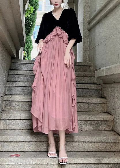 Loose Black Ruffled Patchwork Silk Velour Dresses Puff Sleeve
