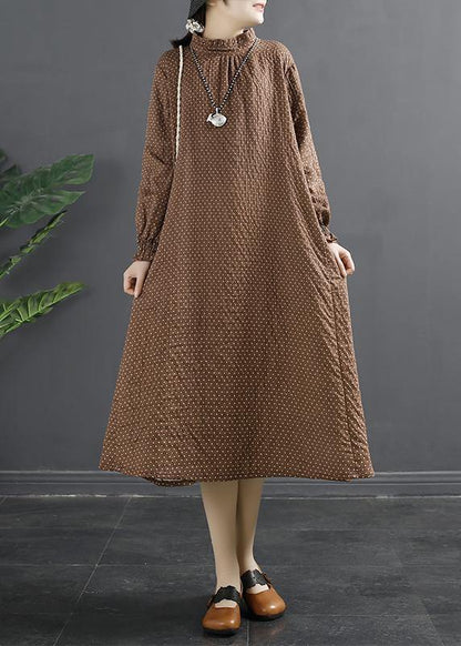 Stand Collar Tunic Dress Work Outfits Chocolate Dotted Maxi Dress
