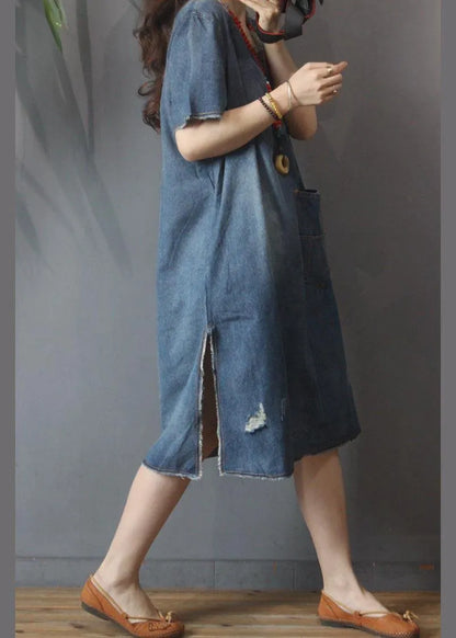 Denim V Neck Side Open Dress Summer