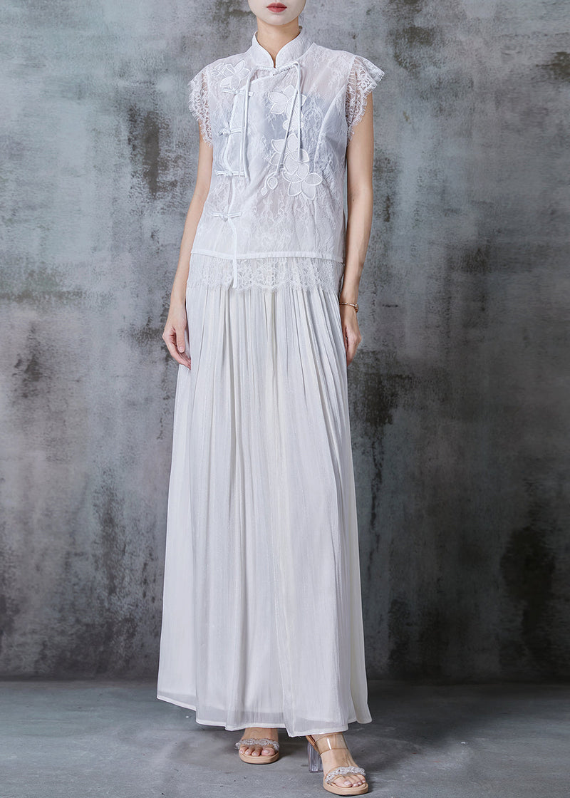 Diy White Tasseled Patchwork Lace Chinese Style Two Piece Set Summer
