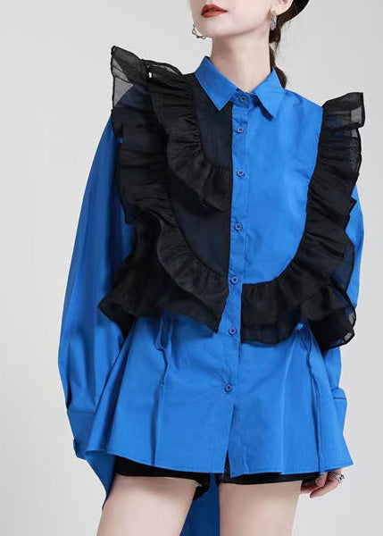 Stylish Black Peterpan Collar Button Ruffles Asymmetrical Design Fall Top Long Sleeve