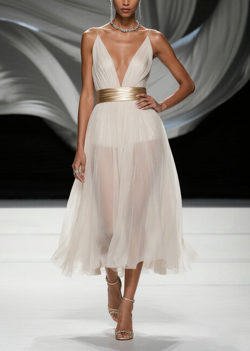 Simple White Deep-v Neck Tulle Tunic Beach Dress Summer