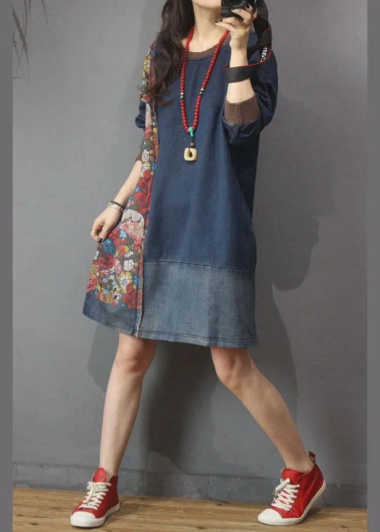 Denim Patchwork Cotton Dress Print Summer Long Dress