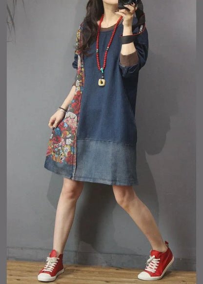 Denim Patchwork Cotton Dress Print Summer Long Dress