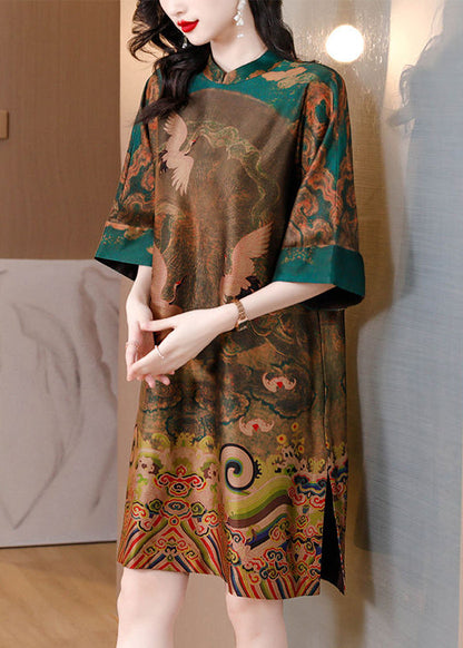 Green Oversized Print Silk Chinese Style Dress Half Sleeve