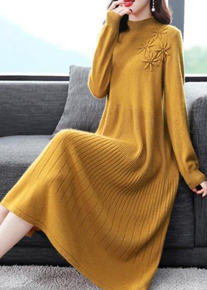 Yellow Patchwork Woolen Dress Embroideried Turtleneck Fall