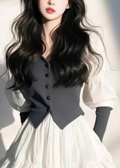 Organic White V Neck Button Mid Dress Puff Sleeve