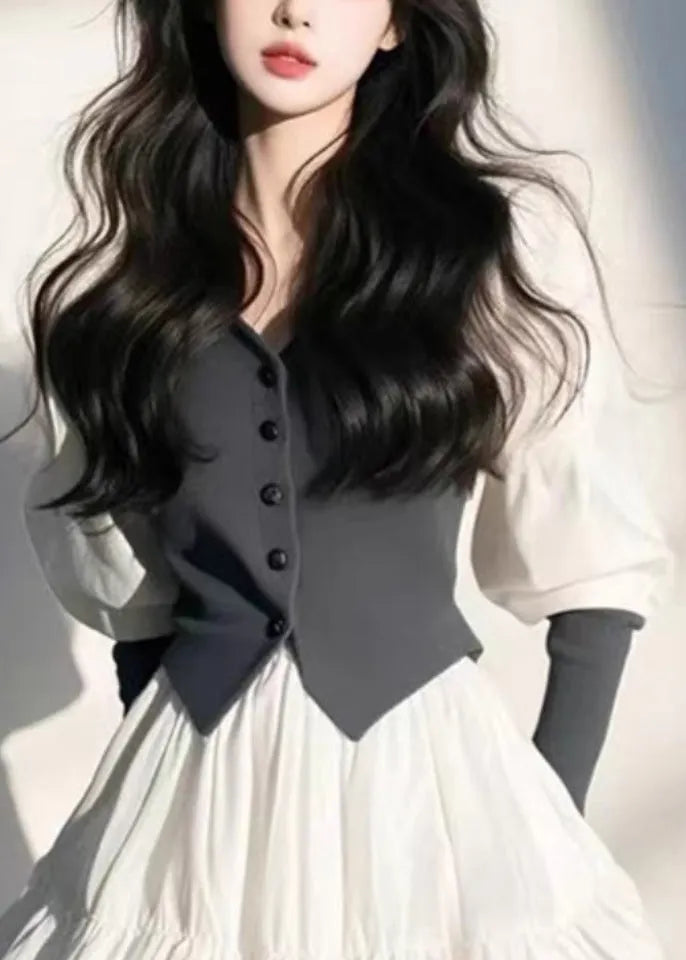 Organic White V Neck Button Mid Dress Puff Sleeve