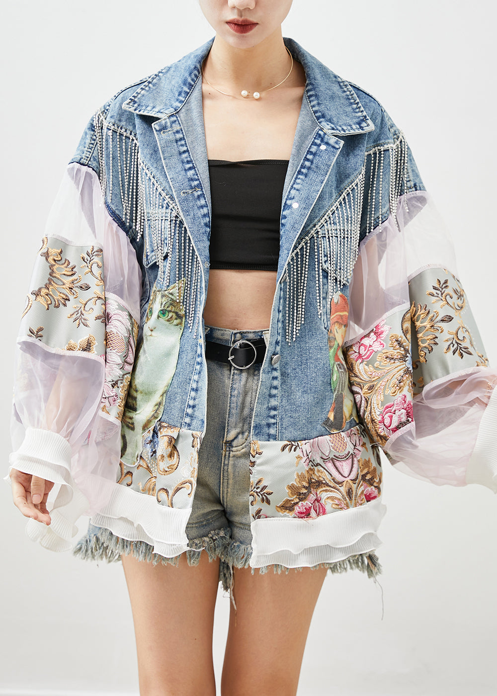 Blue Tasseled Patchwork Tulle Denim Coat Lantern Sleeve