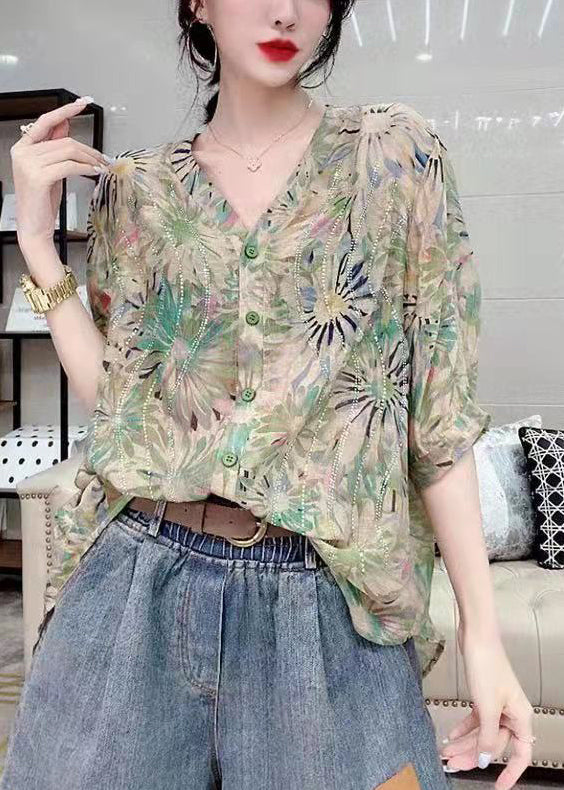 Green V Neck Button Diamonds Print Chiffon Shirt Top Short Sleeve