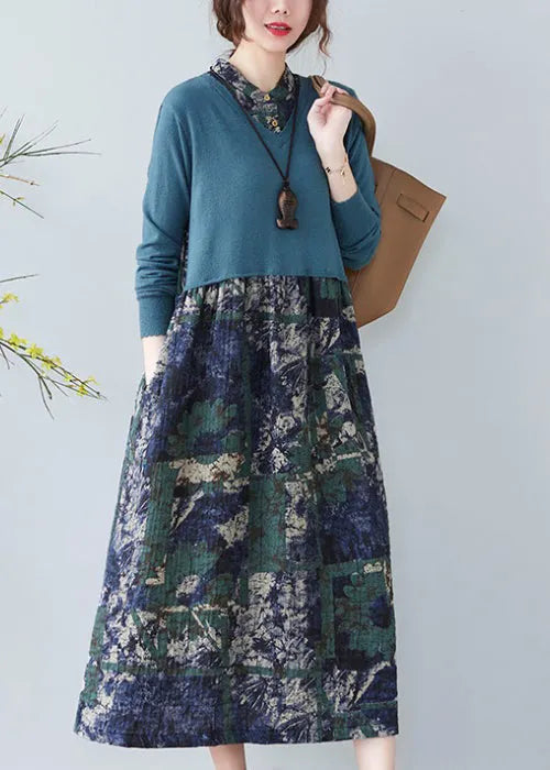 Blue Stand Collar Button Patchwork Long Dresses Long Sleeve