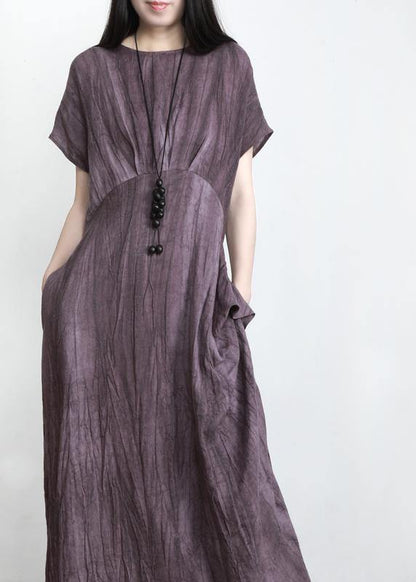 Purple Pockets Linen Batwing Sleeve Summer Robe Dresses