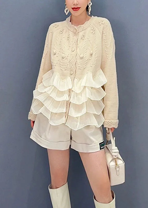 Natural Beige O-neck Tulle Patchwork Knit Top Long Sleeve