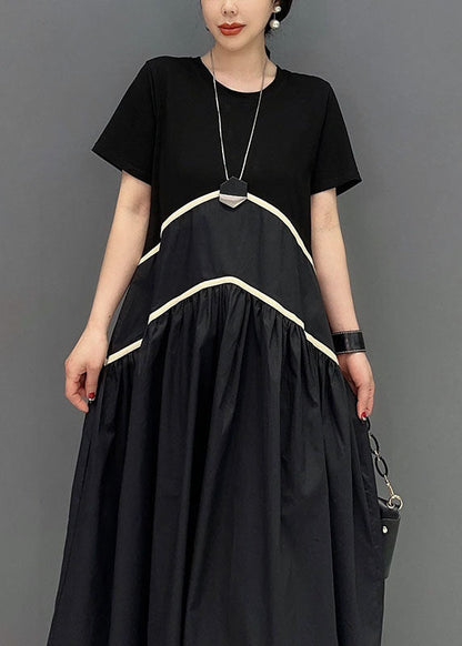 Modern Black O-neck Patchwork Cotton Long Dress Spring