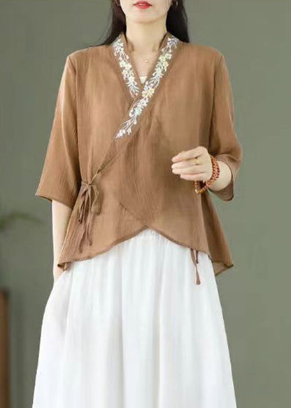 Light Coffee Embroideried Lace Up Patchwork Cotton Top Half Sleeve