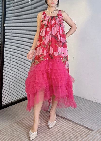 Red Asymmetrical Tulle Patchwork Dresses O-neck Summer