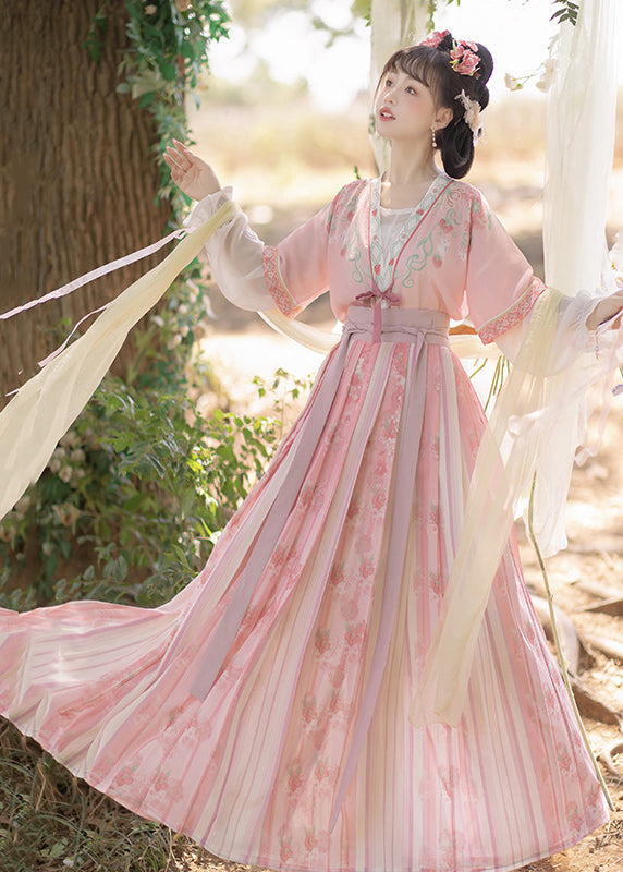 Pink Patchwork Chiffontwo Piece Set Embroideried Lace Up Flare Sleeve