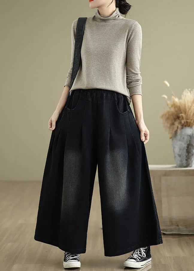 Stylish Black Oversized Denim Wide Leg Pants Summer