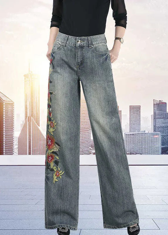 Art Dark Blue High Waist Embroideried Pockets Cotton Denim Straight Pants Fall