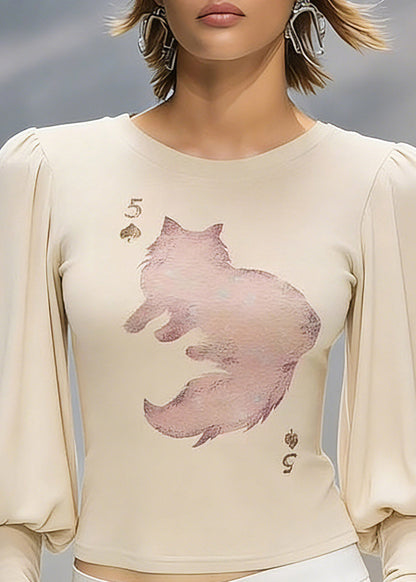 Organic Oat Color O-neck Print Tops Lantern Sleeve