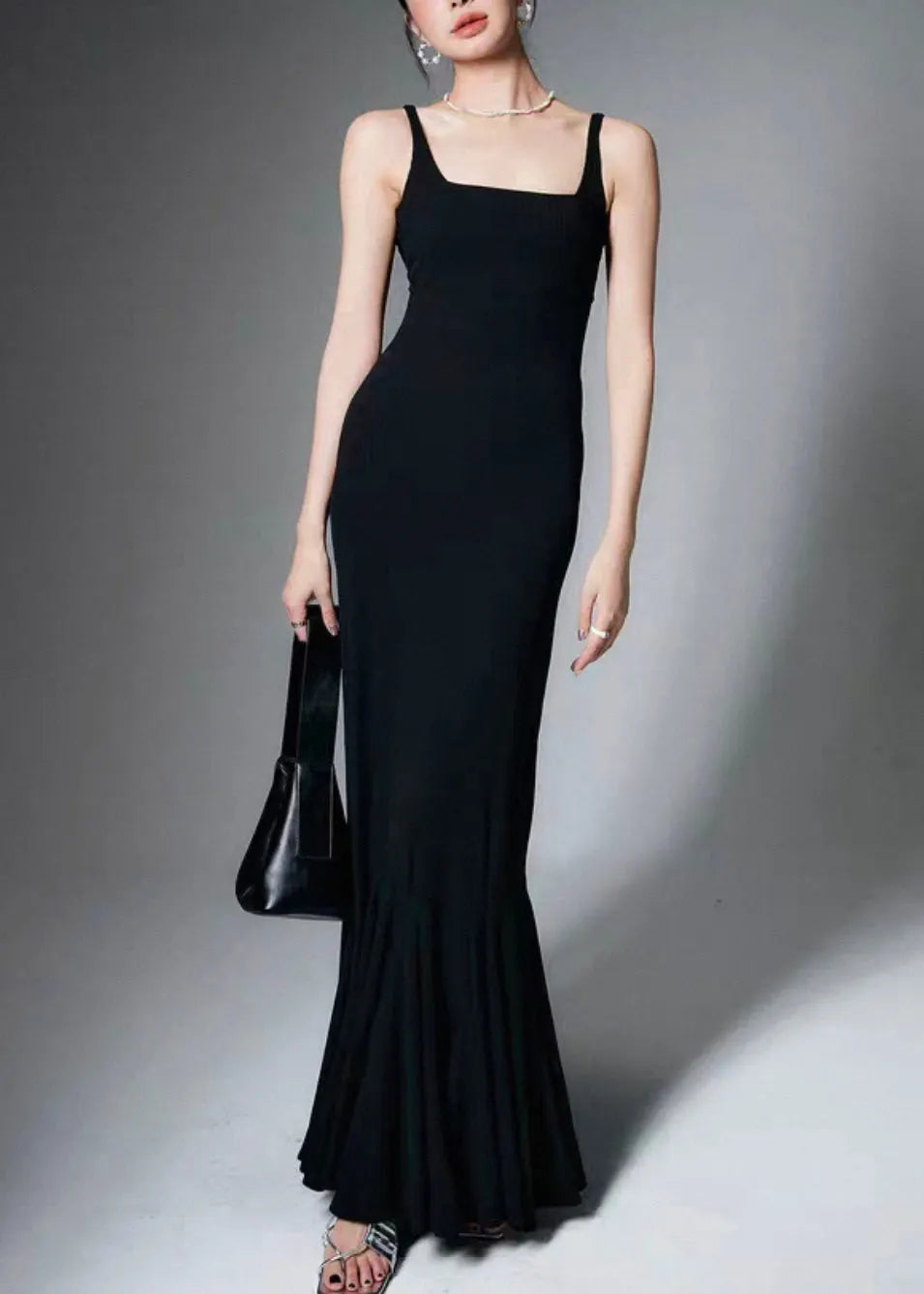 Slim Fit Black Square Collar High Waist Cotton Spaghetti Strap Dress Summer