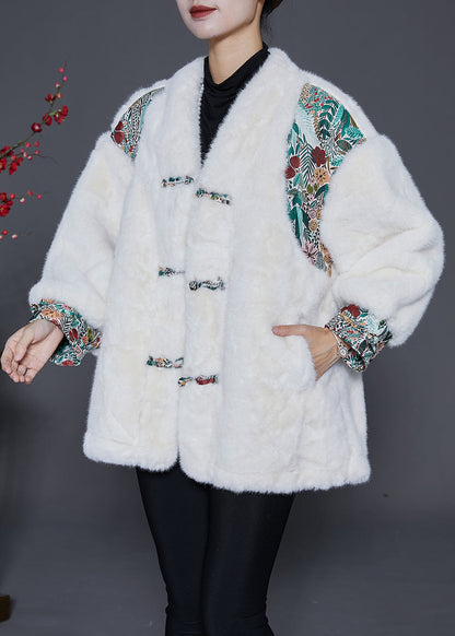 White Oversized Patchwork Chinese Button Faux Fur Jacket Winter