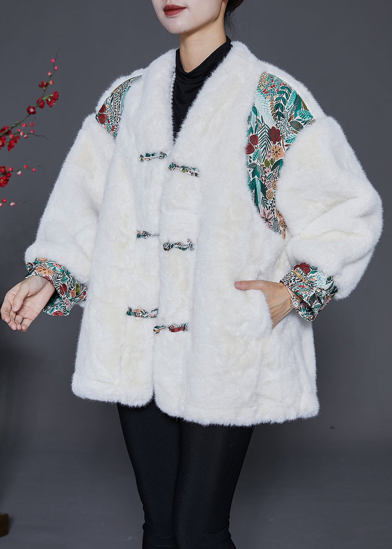 White Oversized Patchwork Chinese Button Faux Fur Jacket Winter