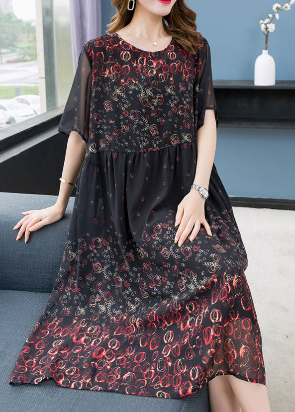 Black O Neck Print Wrinkled Patchwork Chiffon Dress Summer