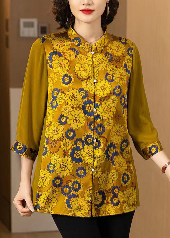Yellow Print Button Patchwork Silk Shirt Bracelet Sleeve