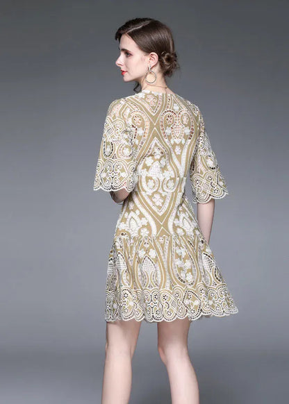 Modern Khaki V Neck Embroideried Hollow Out Lace Dress Flare Sleeve