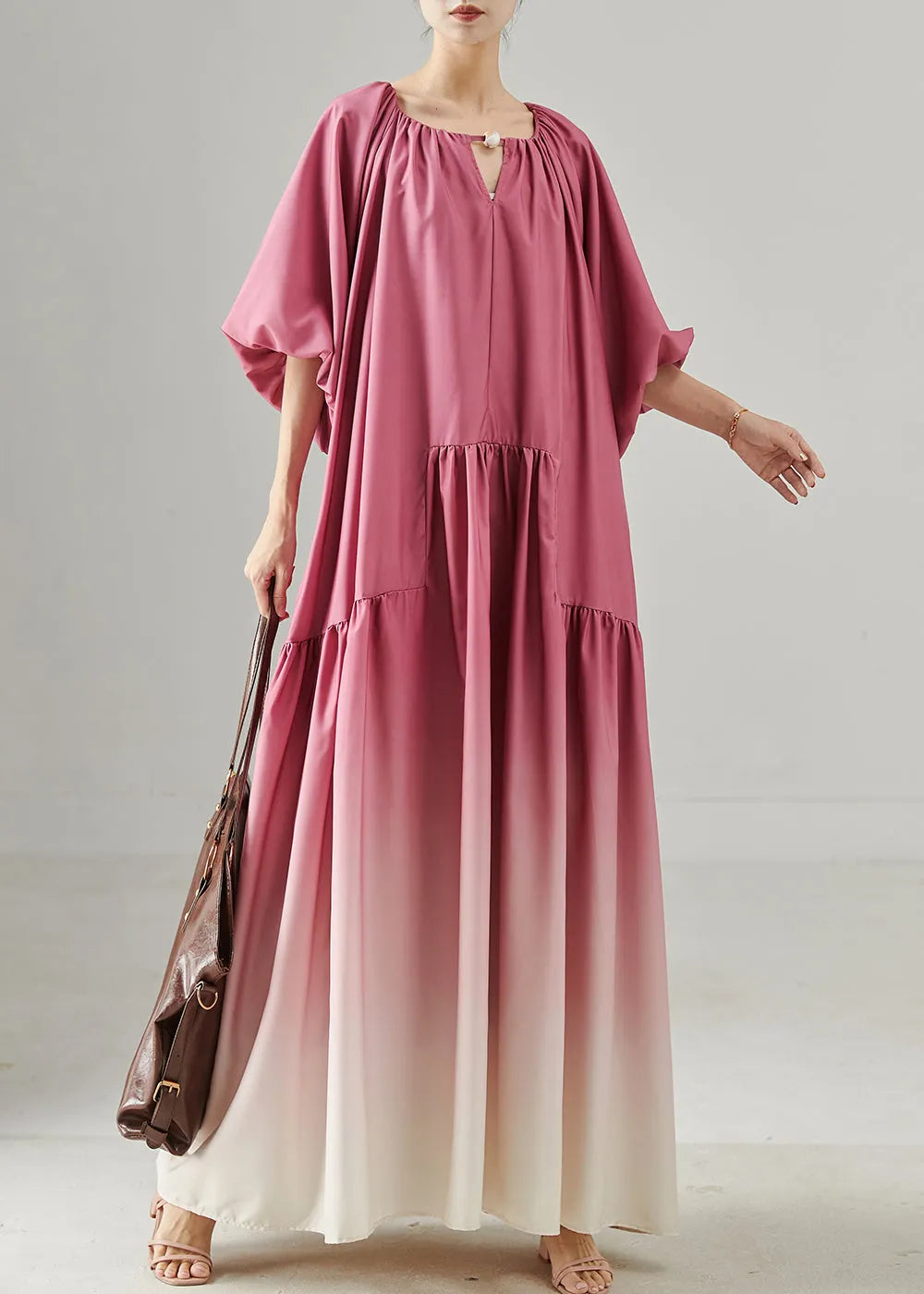 Style Rose Oversized Patchwork Gradient Color Cotton Long Dresses Lantern Sleeve