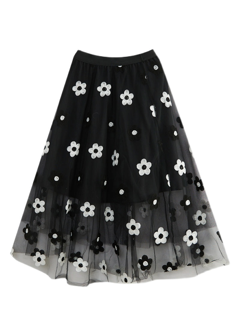 Black Elastic Waist Tulle a Line Skirt Spring