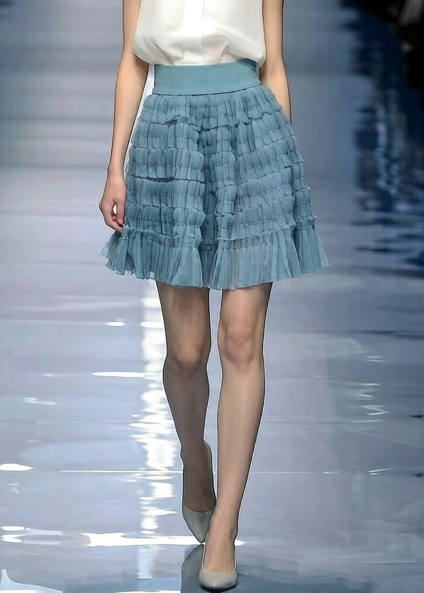 Blue Elastic Waist Tulle Skirt Wrinkled Summer