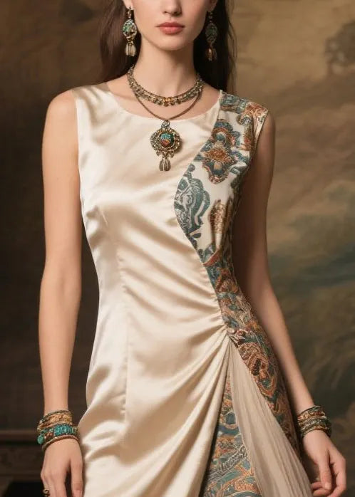 Champagne Asymmetrical Patchwork Jacquard Silk Dress Sleeveless