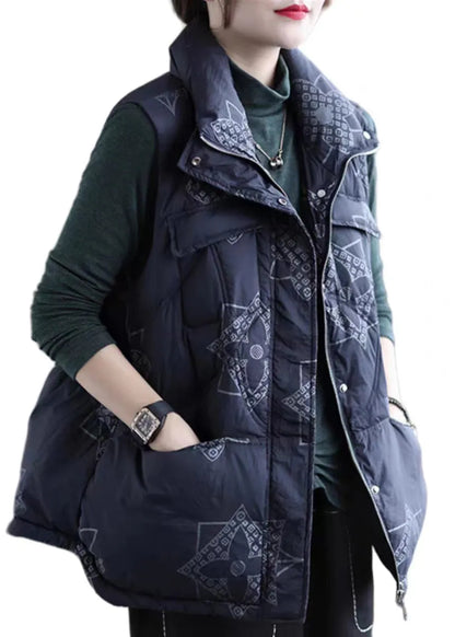 Navy Print Zippered Pockets Duck Down Waistcoat Winter